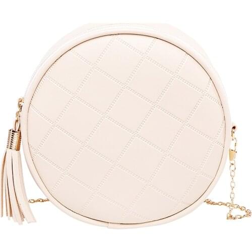 Women Small Round Tassel Crossbody Bags for Women 2021 Purses Clutches Women Mini Round Bags Solid Color Plaid Shoulder Handbags