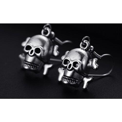 Trendy Vintage Skeleton Head Shape Dangle Antique Silver Plated Cute Drop Earrings for Women Girl Retro Punk Jewelry