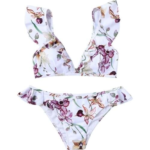 Two Pieces Swimwear Women Ruffles Beach Bikinis Push Up Low Waist Bathing Suit Floral White Swimsuits Biquini 2020 New Купальник