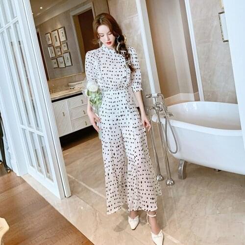 Vintage Short Sleeve Top Women Elegant Dot High Waist Loose Long Wide Leg Pants Casual Single-Breasted Shirt Blouse 2 Pieces Set