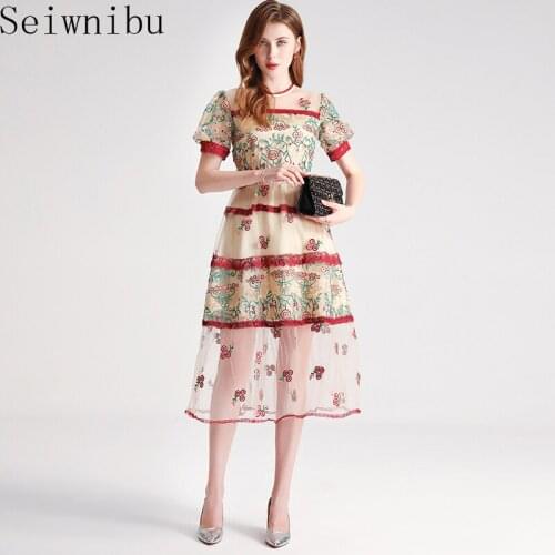 Luxury Fashion Flower Embroidery Midi Dress 2020 Summer Women Puff Sleeve Mesh Patchwork Lace Elegant Tull Party Dress