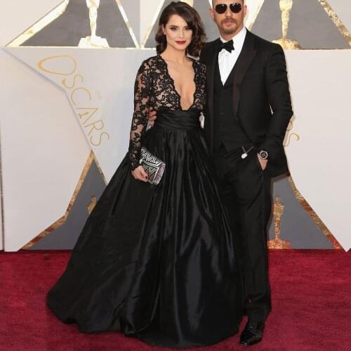 Robe De Soiree Elegant V Neck Black Evening Dresses Taffeta Long Sleeves Lace Prom Gowns for Weddings Custom Made