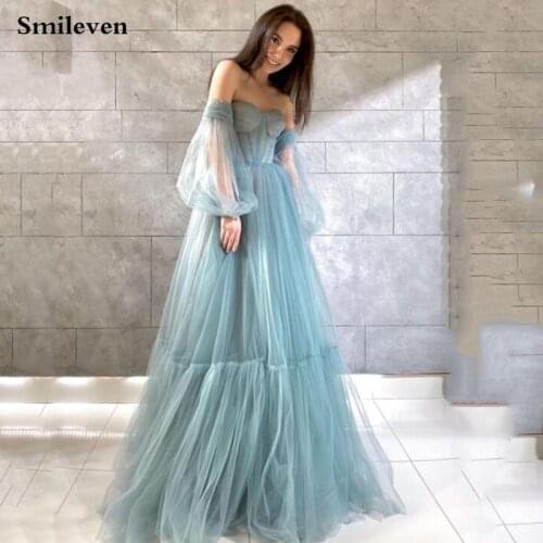 Smileven Dusty Blue A Line Sweetheart Neck Prom Dresses Puff Sleeve Elegant Lady Corset Formal Party Gowns Longo Evening Gowns