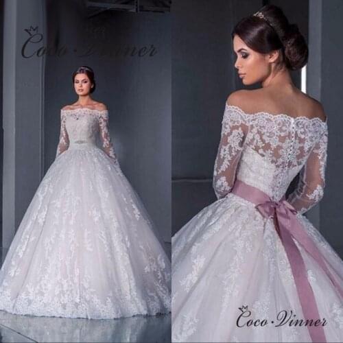 Boat Neckline Vintage Long Sleeves Crystal Ball Gown Bridal Gown with Sashes Zipper Button Vestido Novia Sirena Pure White W0005