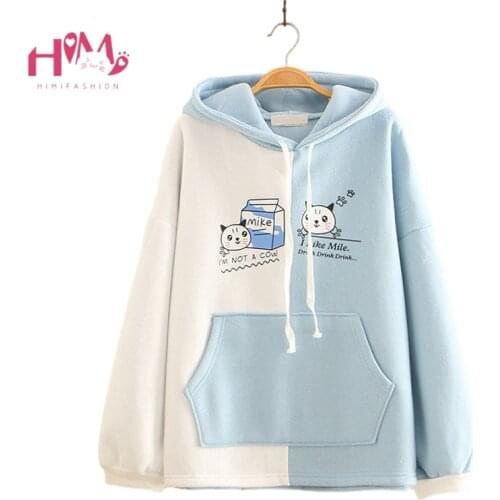 Winter Kawaii Long Sleeve Hoodies Women Korean Harajuku Cute Cat Thicken Casual Sweatshirt Soft Girls Clothes Pink Blue Pullover
