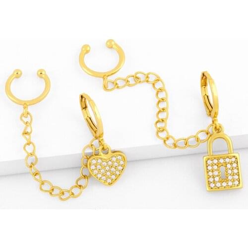 FLOLA Gold Heart Earrings For Women Small Padlock Huggie Earrings Dangle With Tassel Chain Ear Cuffs Wholesa Jewelry Gift ersv71