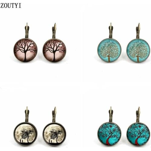 2019 / new charm fashion creative life tree earrings, convex glass inlay earrings, ladies wear earrings jewelry gifts