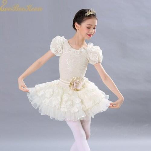 Girl Tutu Ballet Dance Costume Creamy-white Rose Flower Ballet Dress Adult Women Professional Performance Dancewear For Children