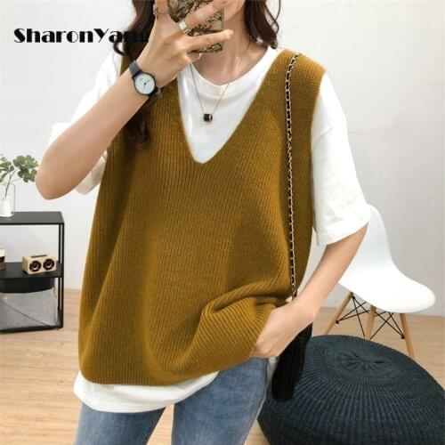 V Neck White Knitted Vest Autumn Winter Women Sweater Vests Casual Loose Outwear Solid Sweater Vest Women Tops Preppy Style