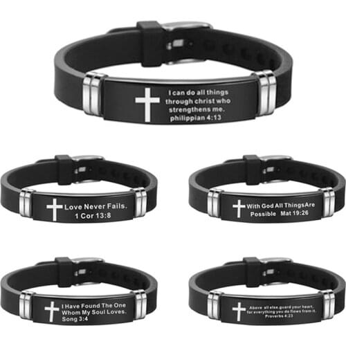 Stainless Steel Black Silicone Jesus Cross Bracelets Religious God Blessing Christian Crucifix Lucky Jewelry for Men Women