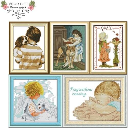 Joy Sunday R960 R964 R974 RA001 RA013 Home Decor Girl With Lamb Dog With Master Care Girl and Dog Feed Birds Cross Stitch Kits
