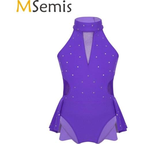 Sparkly Rhinestone Mesh Splice Ballet Gymnastics Leotard Girls Figure Skating Dress Kids Lyrical Contemporary Rave Dance Costume