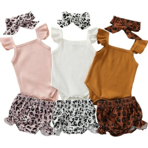0-18M Leopard Baby Girl Clothes Set Knitted Newborn Infant Baby Rompers Ruffles Shorts Ouftis Costuems Clothes