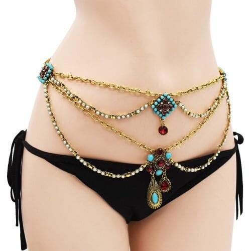 Fashion Rhinestone Waist Belly Chain For Women Full Tassel Crystal Dance Turquoise Bead Statement Beach Bikini Sexy Body Jewelry