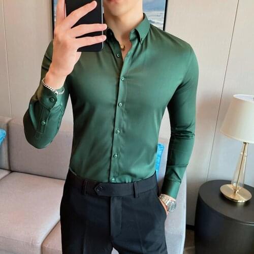 2021 Autumn New Mens Shirts Long Sleeve Casual Slim Formal Dress Shirts Solid Color Business Streetwear Social Blouse Clothing