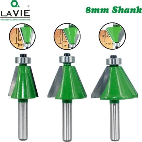 LAVIE 3pcs Set 8mm Shank Chamfer Router Bits 15 22.5 30 Degree Milling Cutter for Wood Woodorking Bit Machine Tools MC02112