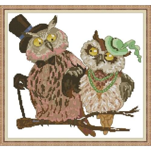 NKF Owl Couple Stamped Cross Stitch Patterns DIY Kits Needlework Embroidery Sets Cross Stitch for Home Decor