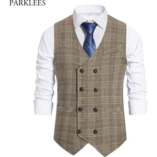 Parklees 2021 New Mens Double Breasted Retro Plaid Dress Vest Slim Fit Sleeveless Checked Suit Vest Business Formal Gilet Homme