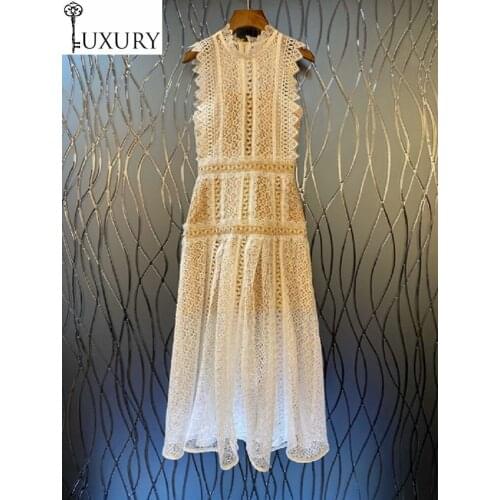 Sexy Long 2020 Summer Evening Party Women Allover Crochet Lace Flower Patterns Sleeveless Maxi Dress Vestidos Festa
