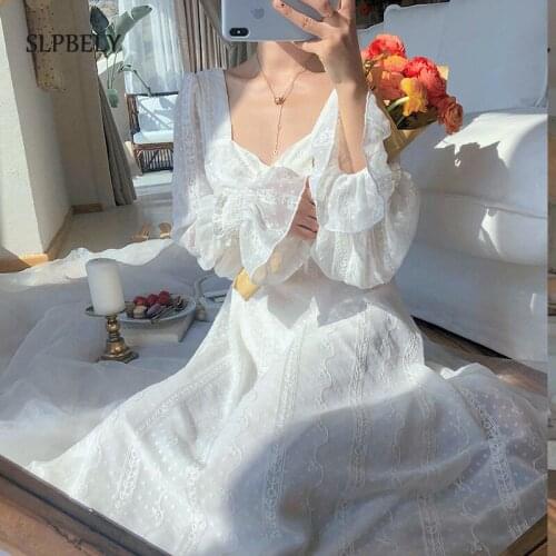 SLPBELY Women French Vintage Dress Elegant Chiffon V-Neck Princes Dress Long Sleeve Party Midi Dress 2021 Women Spring Clothing