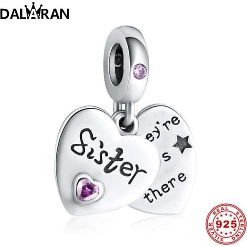 DALARAN Heart Shape Charm Silver 925 Original Sister Pendant Charm Fit Pandora Bracelet for Jewelry Making Friendship Gift