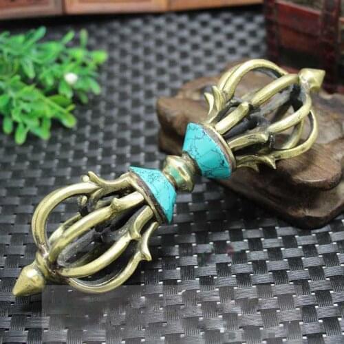 Vajra Pestle Religious Supplies Buddhist Crafts Gems Inlaid Beautiful Brass Decoration Town House Buddhists Tibetan Buddhism