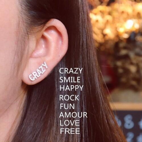 S925 Sterling Silver Zircon Mono Letter AMOUR SMILE ROCK CRAZY BABY FREE WILD FUN HAPPY LOVE Earring Women Luxury Brand Jewelry