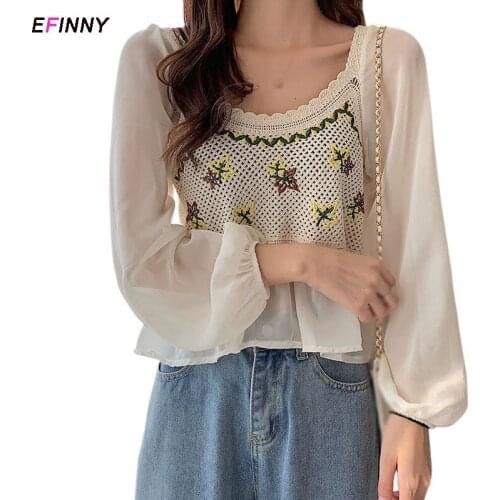 Chic Patchwork Puff Sleeve T-shirt for Women Korean Fashion Knitted Hollow Out Shirt Top Summer Clothes