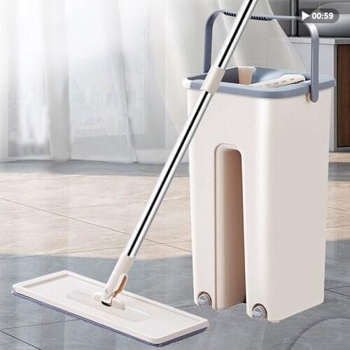 Squeeze Mop with Drainer Bucket Hand Free Floor Squeeze Mop Household Cleaning Tool 360 Rotating Flat Microfiber Spin Mop Broom