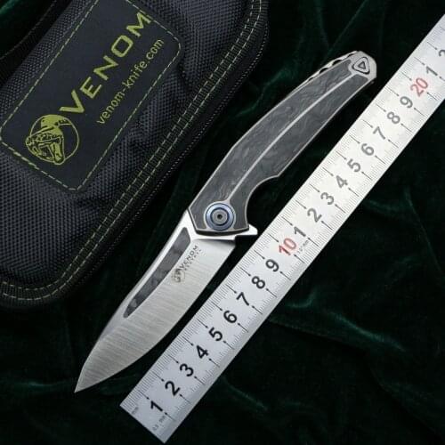 VENOM Kestrel M390 Blade Titanium CF Flipper Folding Knife Outdoor Camping Hunting Survival Pocket Kitchen Fruit Knives EDC Tool