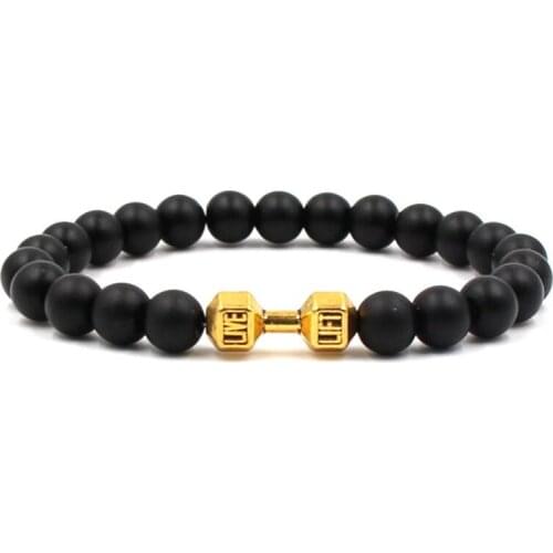 Street hipster Sportsman 1PC 8mm black matte bracelet Sport dumbbell pattern For Men Women Jewelry Dropshiping