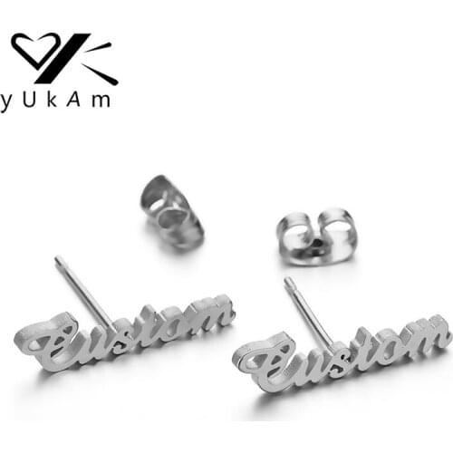 YUKAM Ear Jewelry Stainless Steel Custom Name Stud Earrings Letter Personalized Initial Cursive Nameplate Earring for Women Girl