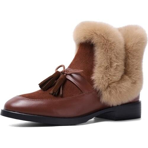 New 2022 Women Ankle Boots Genuine Leather Autumn Winter Warm Snow Boots Elegant Fashion Med Heels Real Fur Short Boots Woman 39