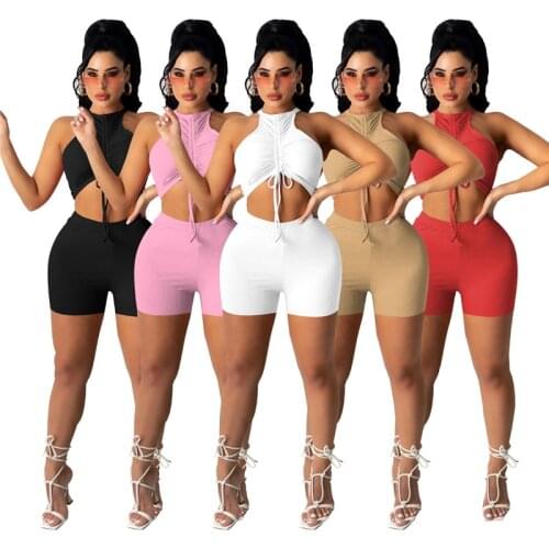 Adogirl Women Summer Solid Ribbed Two Piece Set Tracksuit Drawstring Vest Sleeveless Crop Top and Shorts Jogger Suit Streetwear