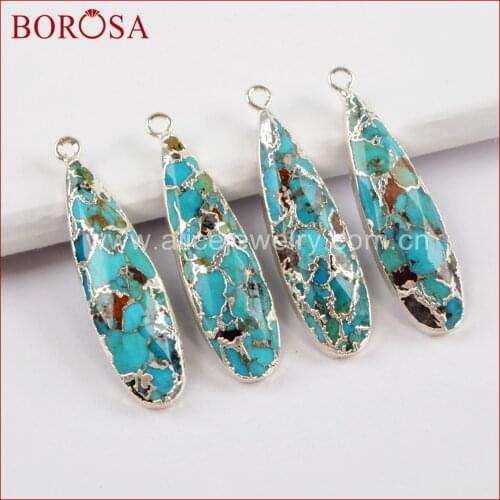 BOROSA 5/10PCS Teardrop Silver Color Natural Copper Turquoises Copper Natural Stone Charms Pendant for Earrings/Necklace S1547
