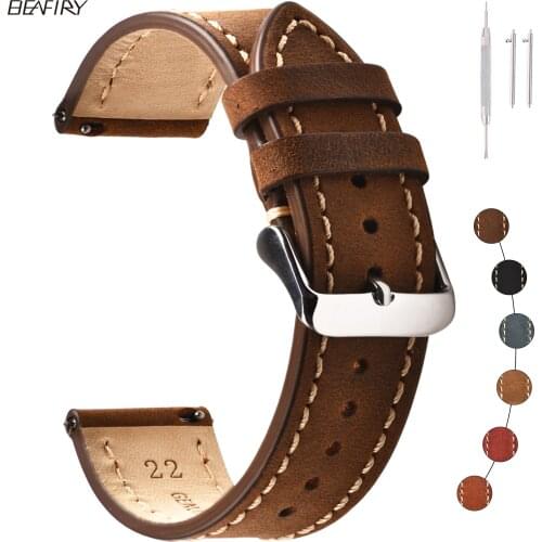 BEAFIRY Quick Release Watch Band 18mm 20mm 22mm Vintage Crazy Horse/calfskin Leather Strap Watchband for huawei fossil Brown
