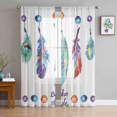 Feather Colorful Hand Painted Tulle Curtains For Living Room Bedroom Voile Curtain Home Decoration Sheer Balcony Door Curtain