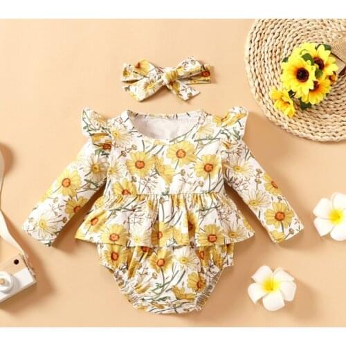 Newborn Girl Outfit Baby Girl Romper 2 PCS Flower Print Flying Sleeve Baby Rompers+headband Baby Bodysuit Baby Clothes 0-18M