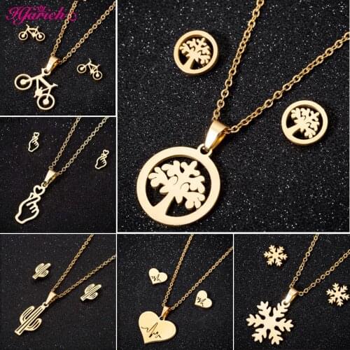 Hfarich Gold Jewelry for Women Family Life of Tree Earrings Stainless Steel Necklaces Collier Children Girl Gifts Accessiories