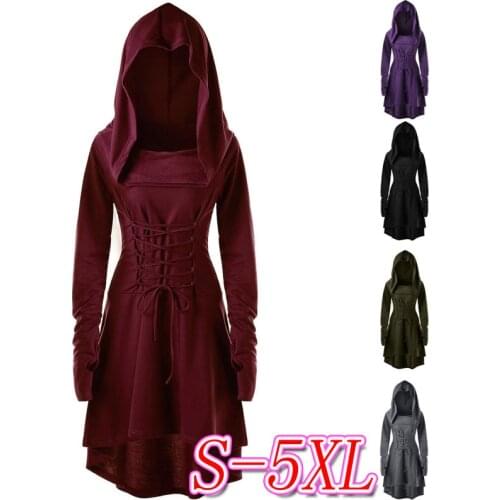 Carnival Women Gothic Witch Elven Costume Nienna Mini Dress Hooded Corset Lace-Up Gown Swallow Tail High Low Cut Tunic Halloween