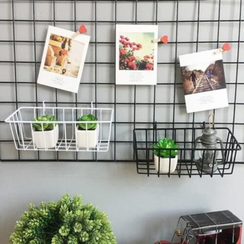 Metal Decorative Storage Basket DIY Iron Grid Flower Pot Hanging Shelf Wall Art Mounted Frame Mesh Display Rack Home Decoration