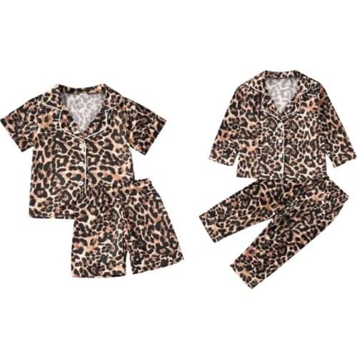 Fashion Toddler Baby Boy Girl Leopard Pajamas Button-Down Collar Top Short/Long Elastic Pants Sleepwears Nightgown Set