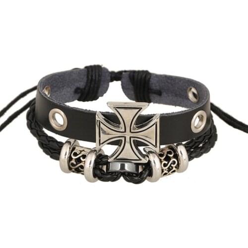 Fashion Punk Men Cross Leather Bracelet Multilayer Beads Weave Charms Casual Bangle Wrap Vintage Wristbands Hiphop Women Jewelry