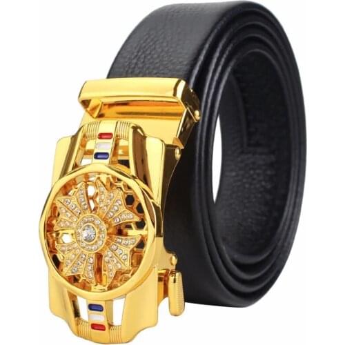 Man Automatic Buckle Leather Belt High Quality Men Business Belt Golden Waist Buckle Rhinestone Decoration Males Luxury Belt
