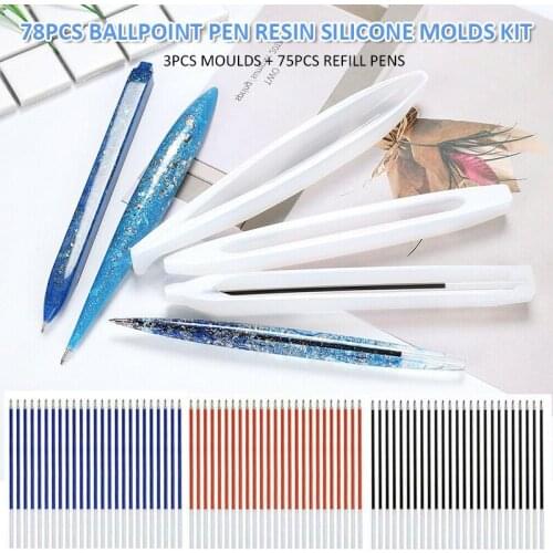 New Durable 78Pcs DIY Ballpoint Pen Resin Silicone Molds Kit 3Pcs Moulds + 75Pcs Refill Pens As A Gift For Friends
