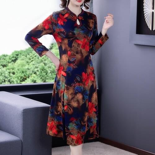 2021 Autumn Vintage Floral Cheongsam Dresses Winter Casual 5XL Plus Size Long Sleeve Midi Dresses Elegant Women Bodycon Vestidos
