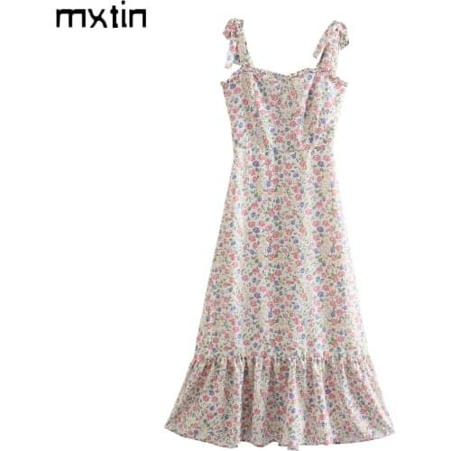 MXTIN 2021 Women Summer Vintage Floral Print Ruffles Midi Dress Fashion Sleeveless Backless Bow Tie Straps Party Female Dresses