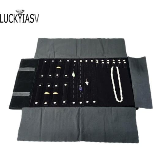 Portable Black Velvet Jewelry Display Set Rolls Travel Organizer Bag Foldable For Earrings Ring Chain Pendant Necklace Storage