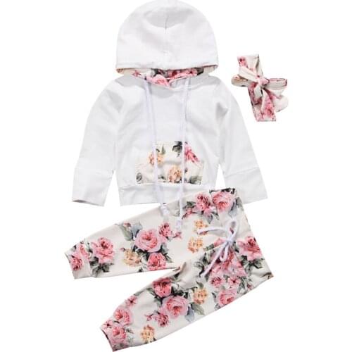 Pudcoco 3PCS Set Hooded Print Toddler Baby Girl Clothes Casual Cotton Long Sleeve Hooded Tops +Floral Pants Outfits 6-24 Months