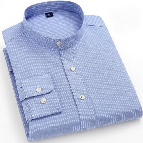 Chinese Style Stand Collar OR Turn-down Collar All Pure Cotton Longsleeve Shirt for Men Striped Plaid Shirt Social Round Neck
